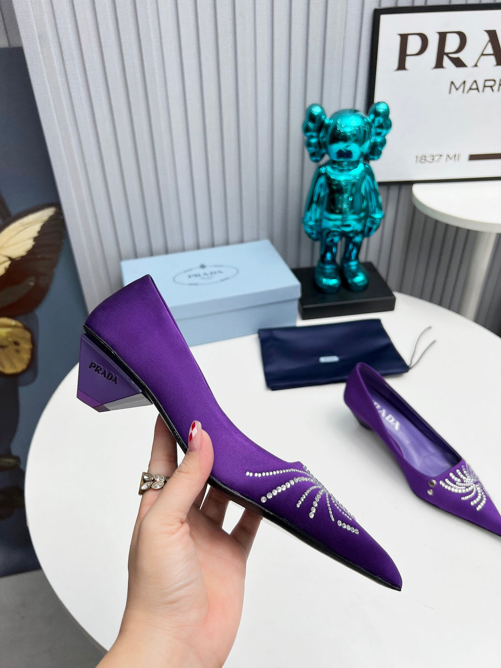 PRADA 26S POINTED TOE PUMPS 40MM IN PURPLE SATIN CRYSTAL EMBELLISHED