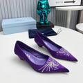PRADA 26S POINTED TOE PUMPS 40MM IN PURPLE SATIN CRYSTAL EMBELLISHED
