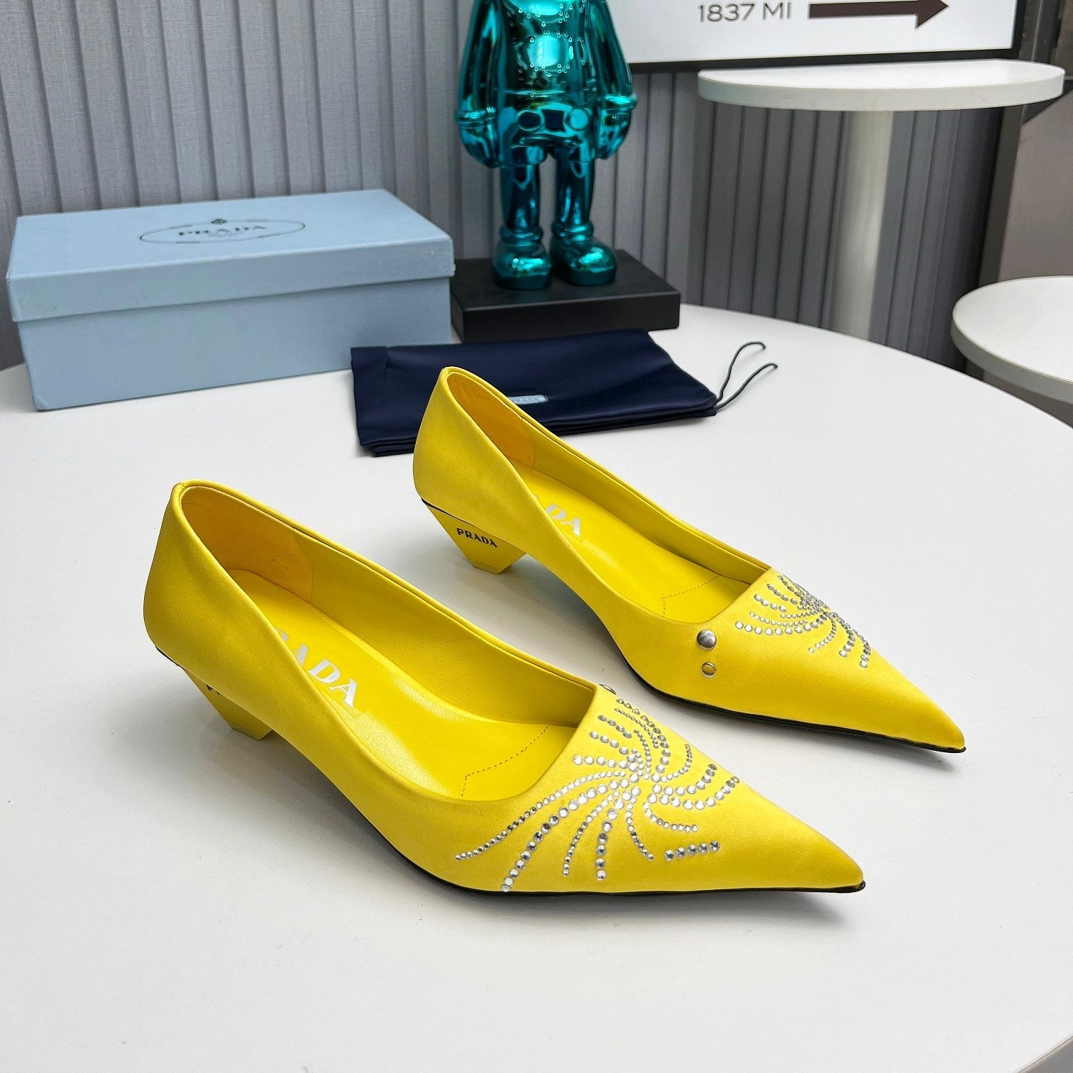 PRADA 26S POINTED TOE PUMPS 40MM IN YELLOW SATIN CRYSTAL EMBELLISHED