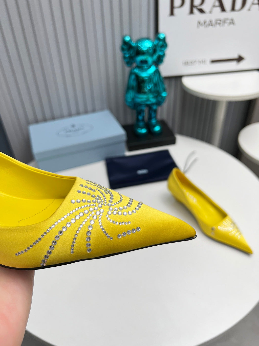 PRADA 26S POINTED TOE PUMPS 40MM IN YELLOW SATIN CRYSTAL EMBELLISHED