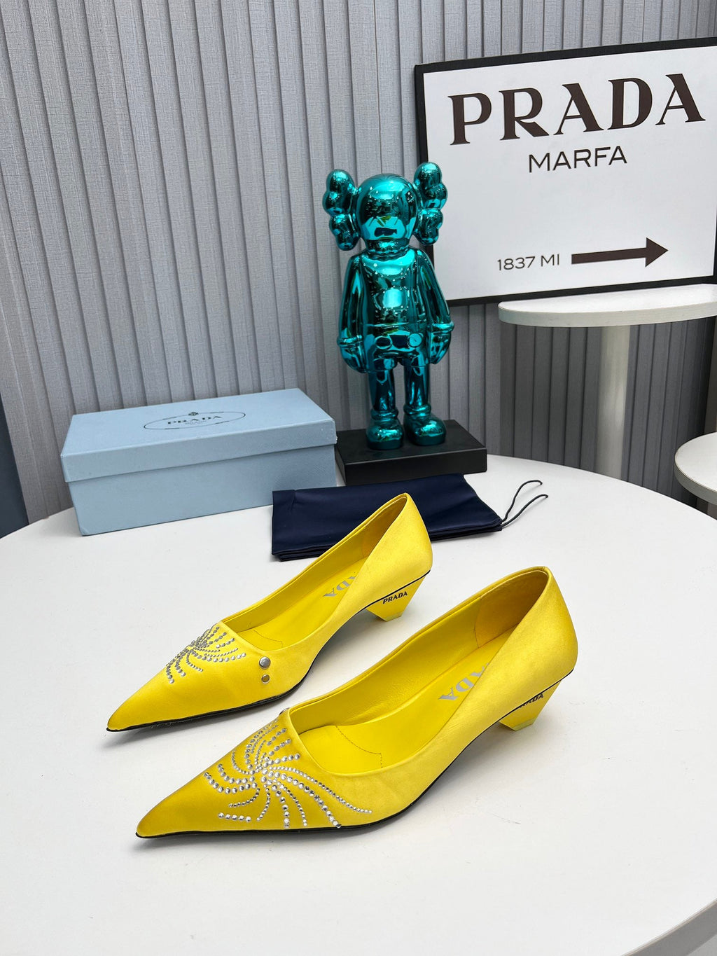 PRADA 26S POINTED TOE PUMPS 40MM IN YELLOW SATIN CRYSTAL EMBELLISHED