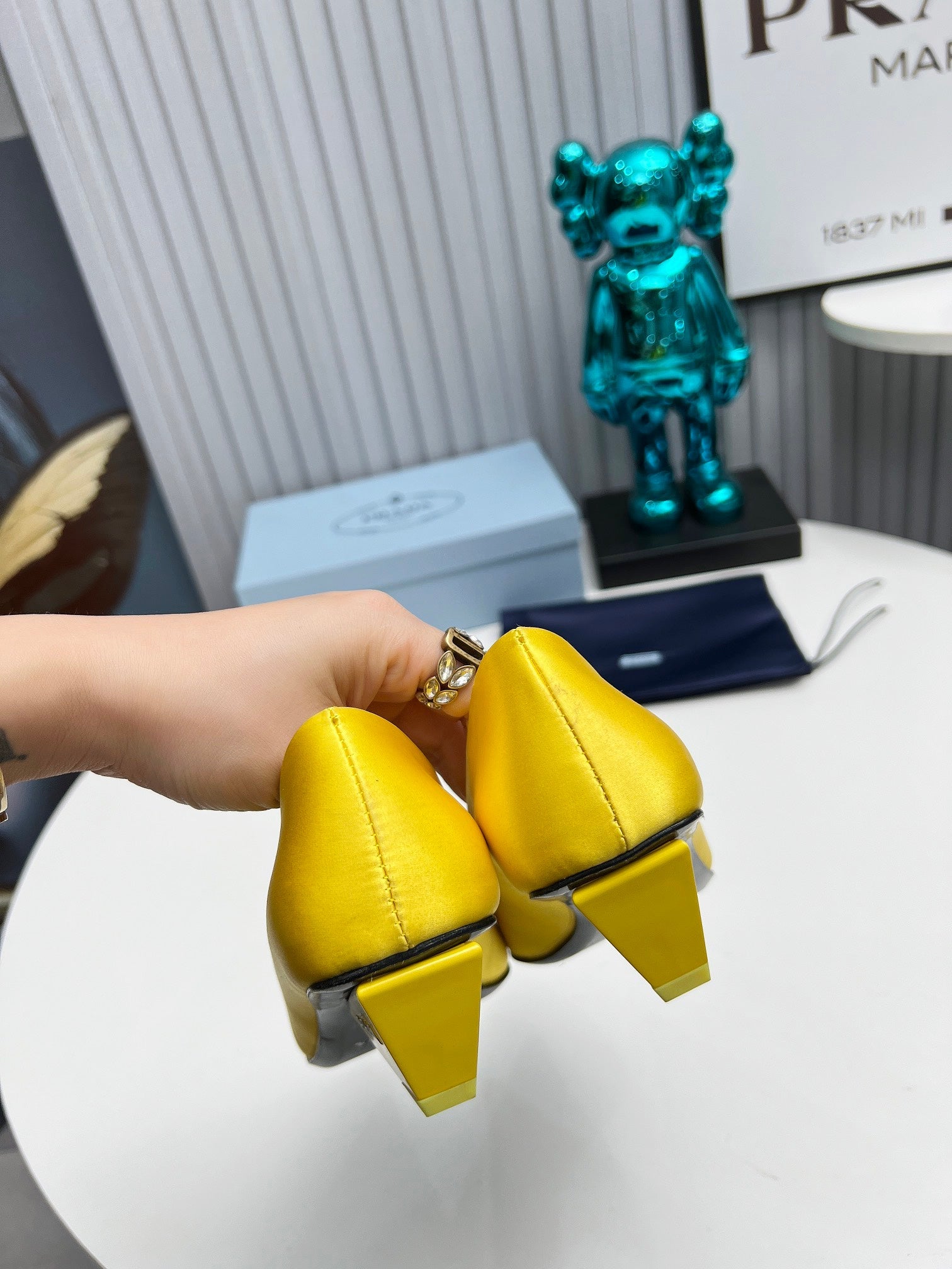 PRADA 26S POINTED TOE PUMPS 40MM IN YELLOW SATIN CRYSTAL EMBELLISHED