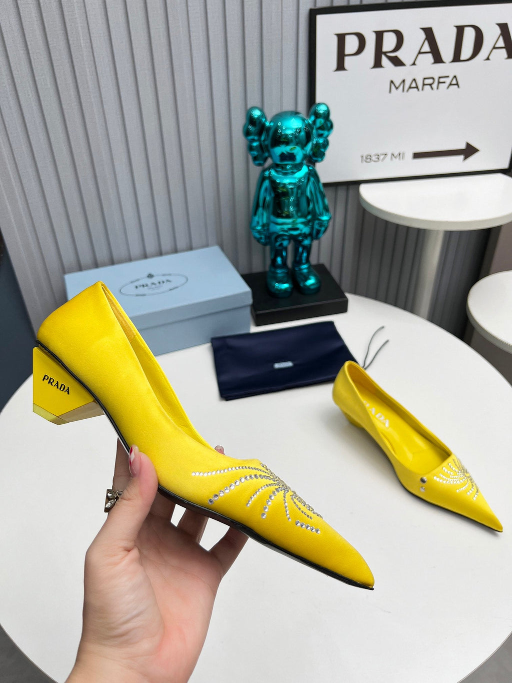 PRADA 26S POINTED TOE PUMPS 40MM IN YELLOW SATIN CRYSTAL EMBELLISHED