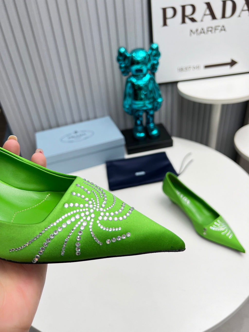 PRADA 26S POINTED TOE PUMPS 40MM IN APPLE GREEN SATIN CRYSTAL EMBELLISHED