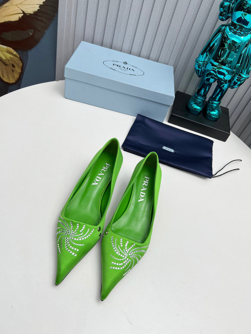 PRADA 26S POINTED TOE PUMPS 40MM IN APPLE GREEN SATIN CRYSTAL EMBELLISHED