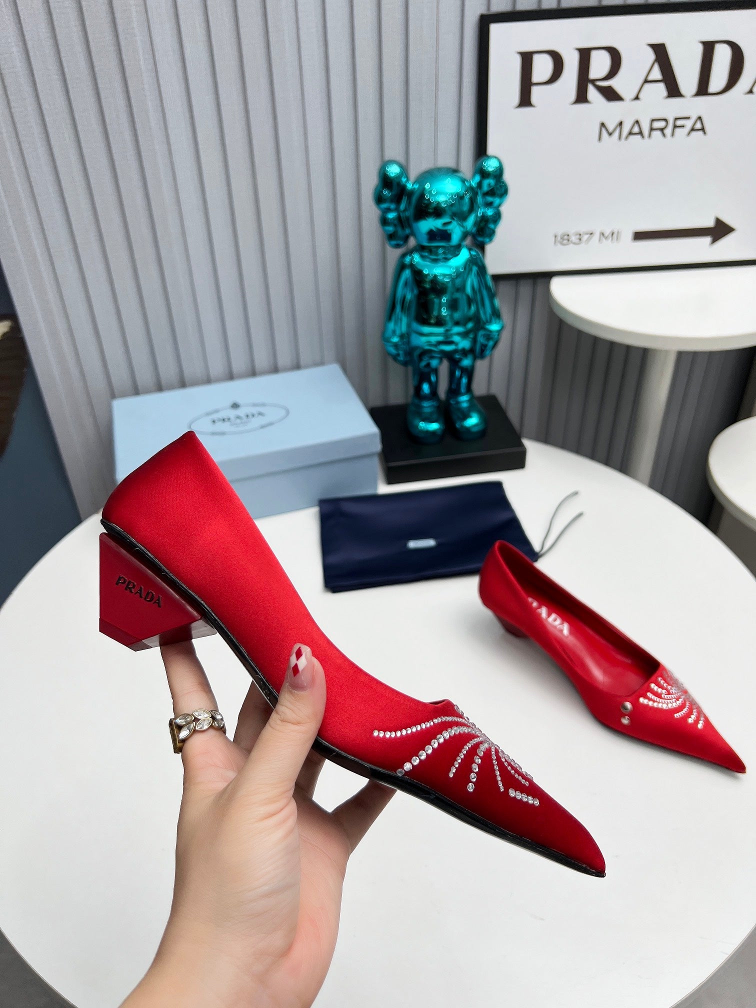 PRADA 26S POINTED TOE PUMPS 40MM IN RED SATIN CRYSTAL EMBELLISHED
