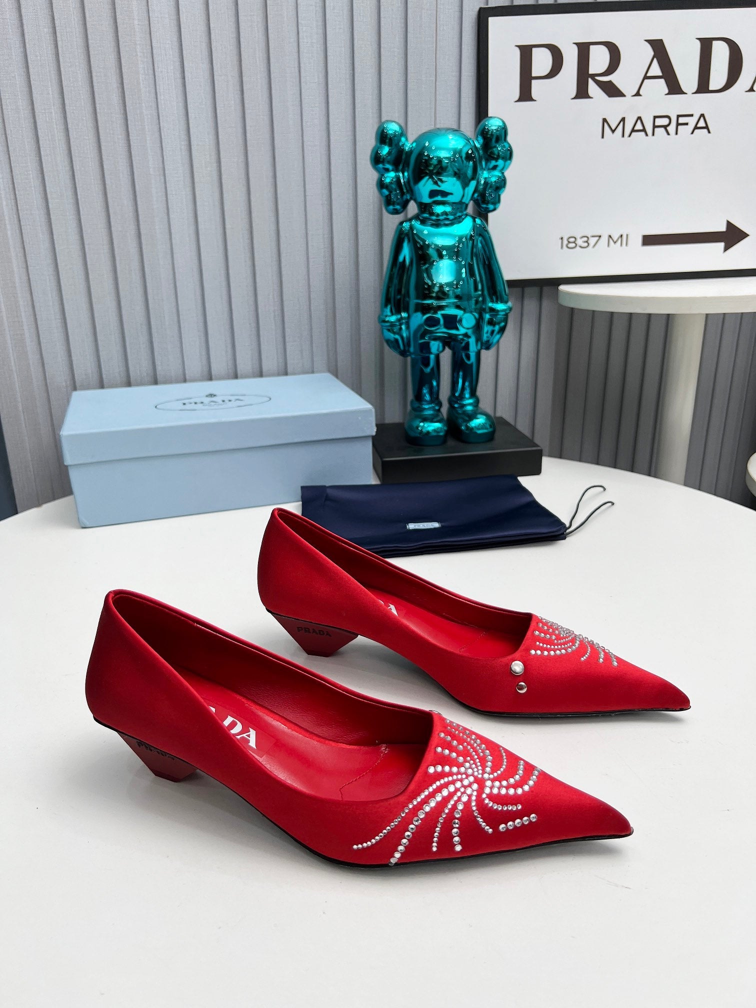 PRADA 26S POINTED TOE PUMPS 40MM IN RED SATIN CRYSTAL EMBELLISHED