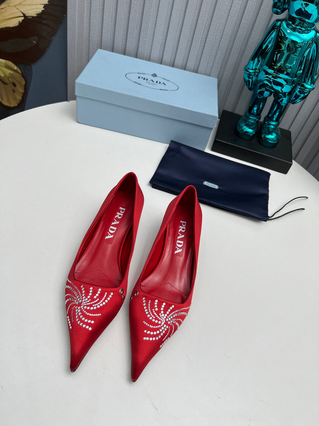 PRADA 26S POINTED TOE PUMPS 40MM IN RED SATIN CRYSTAL EMBELLISHED