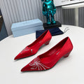 PRADA 26S POINTED TOE PUMPS 40MM IN RED SATIN CRYSTAL EMBELLISHED