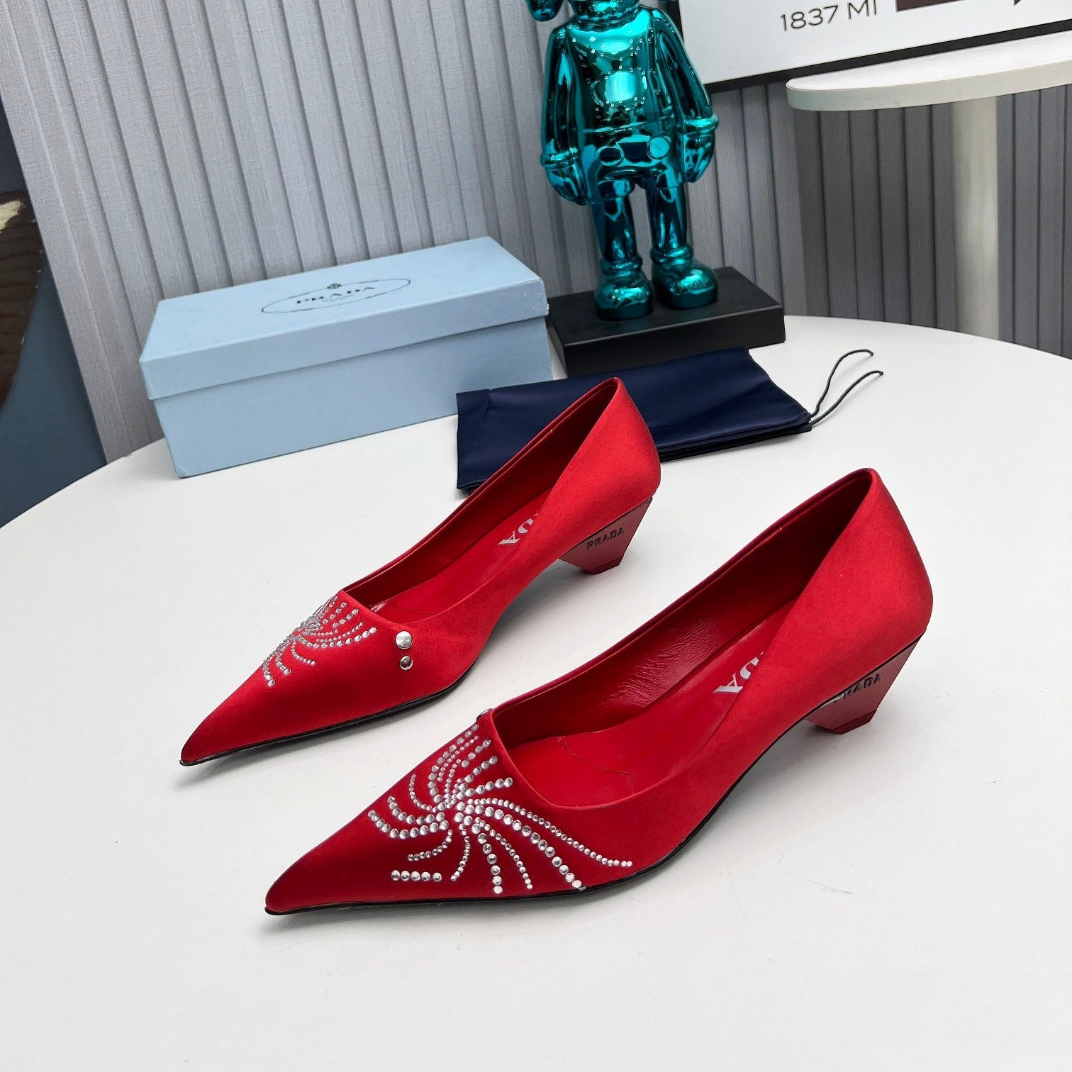 PRADA 26S POINTED TOE PUMPS 40MM IN RED SATIN CRYSTAL EMBELLISHED
