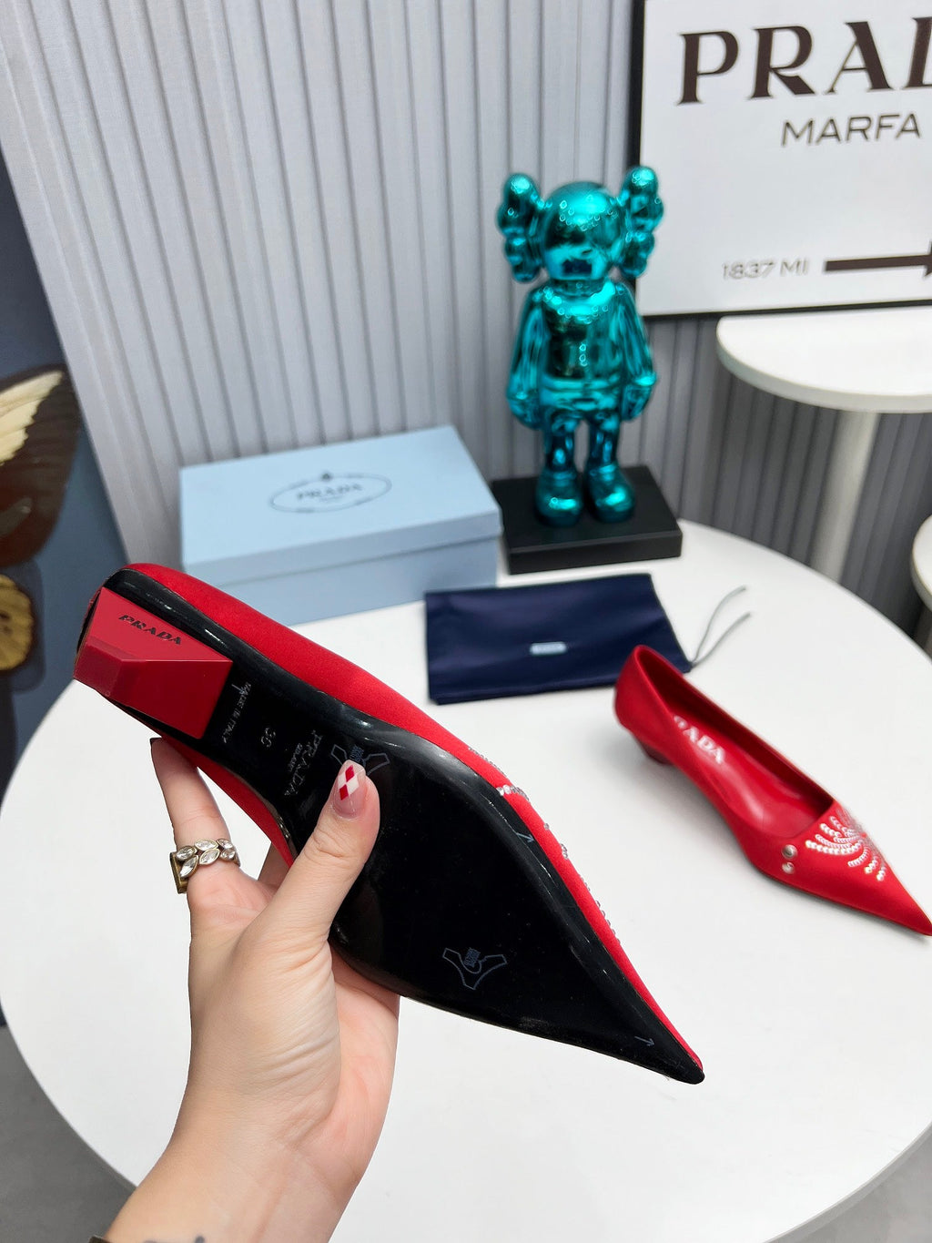 PRADA 26S POINTED TOE PUMPS 40MM IN RED SATIN CRYSTAL EMBELLISHED