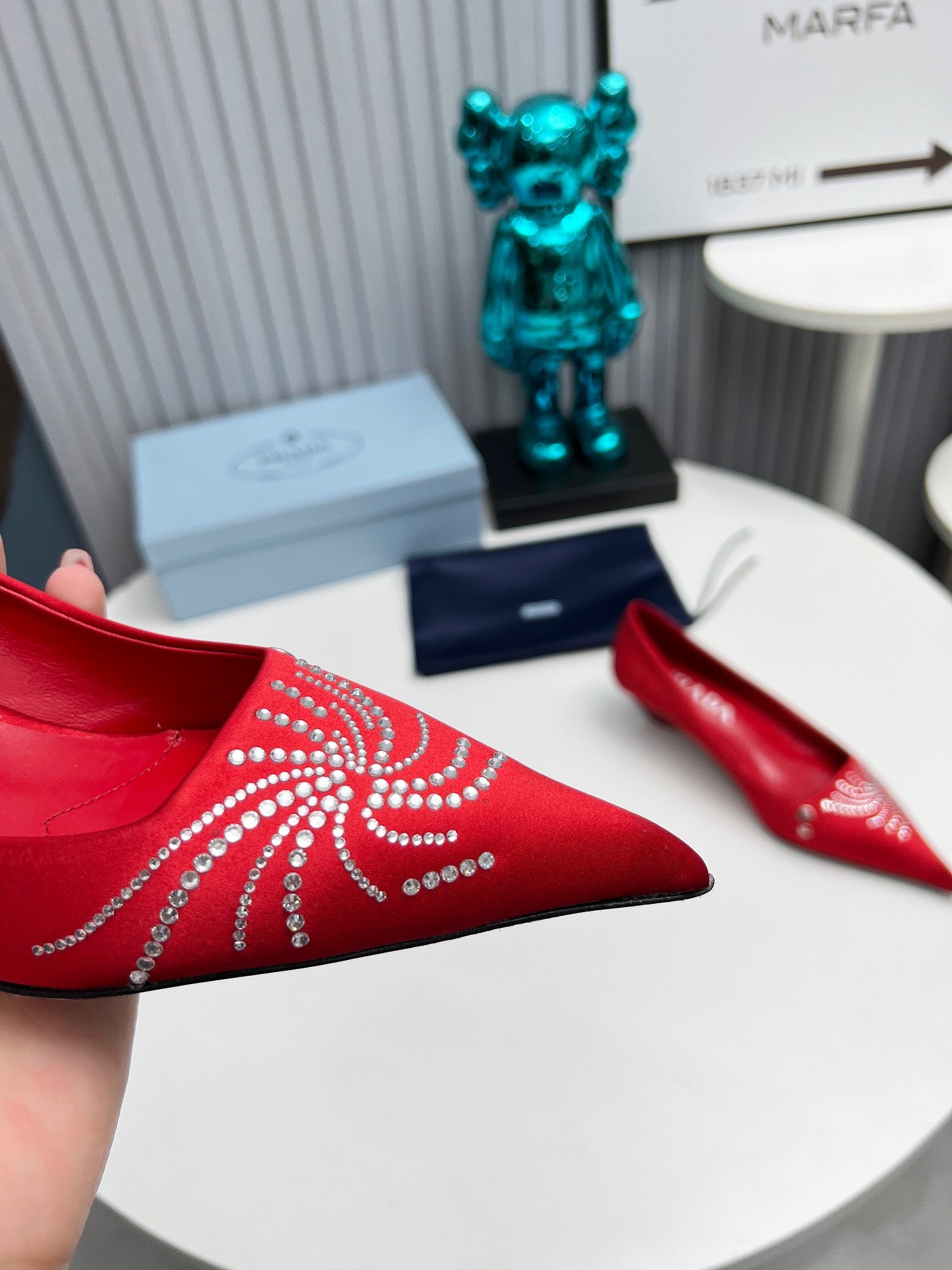 PRADA 26S POINTED TOE PUMPS 40MM IN RED SATIN CRYSTAL EMBELLISHED