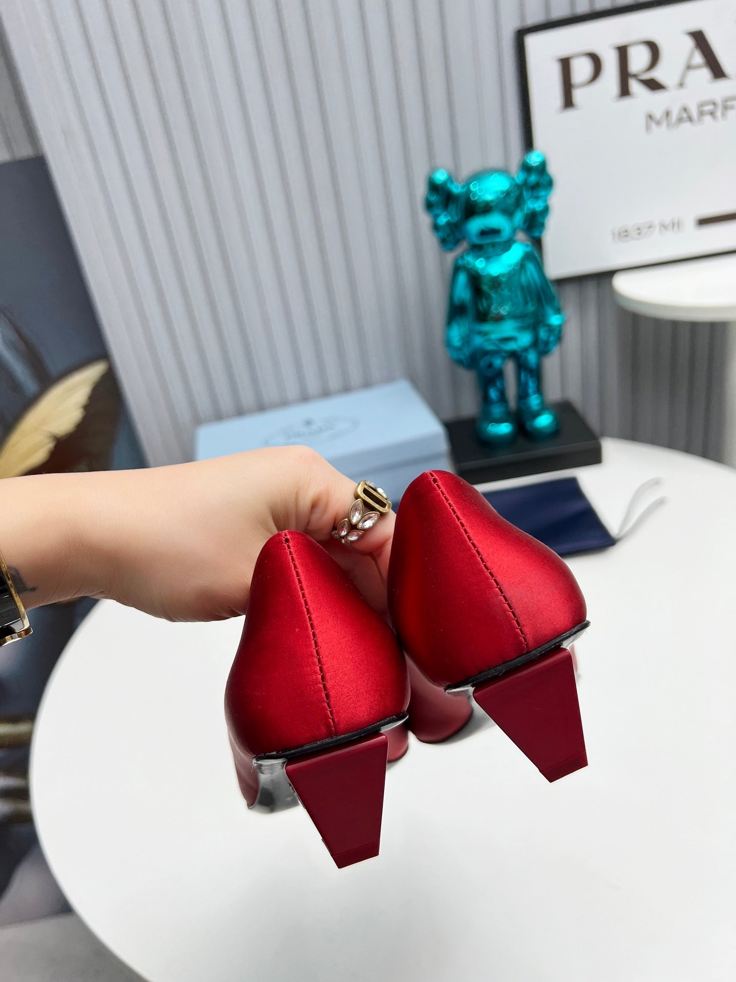 PRADA 26S POINTED TOE PUMPS 40MM IN RED SATIN CRYSTAL EMBELLISHED