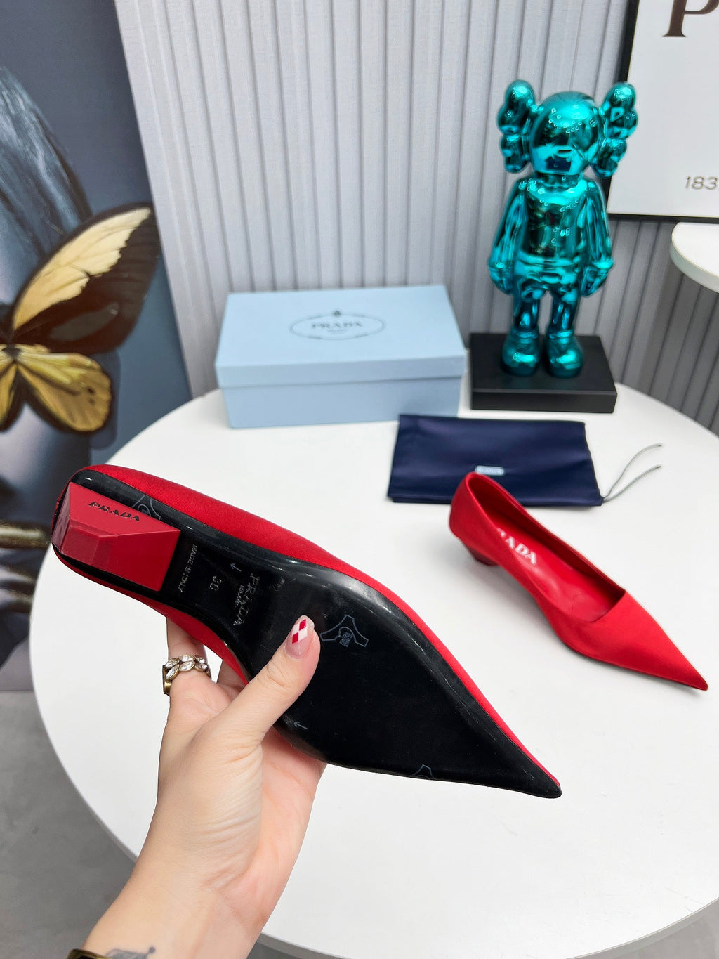PRADA 26S POINTED TOE PUMPS 40MM IN RED SATIN