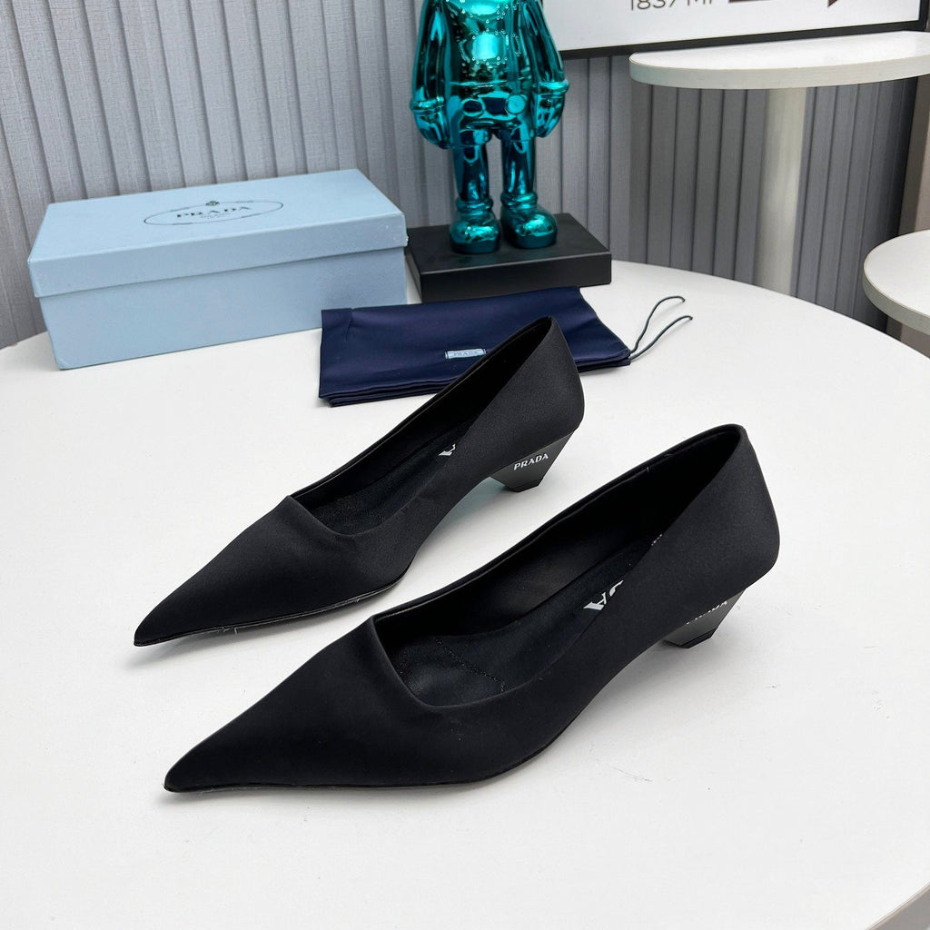 PRADA 26S POINTED TOE PUMPS 40MM IN BLACK SATIN
