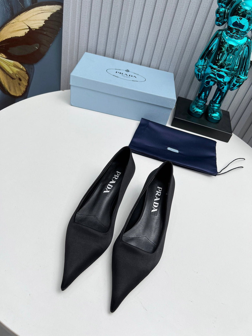 PRADA 26S POINTED TOE PUMPS 40MM IN BLACK SATIN