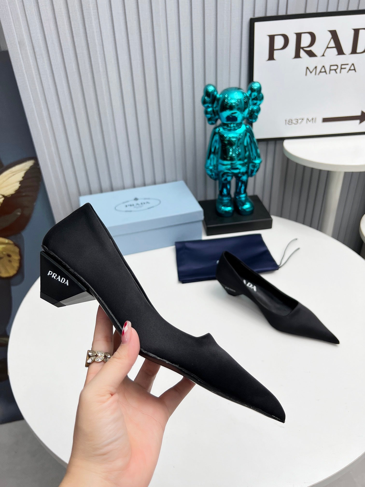 PRADA 26S POINTED TOE PUMPS 40MM IN BLACK SATIN