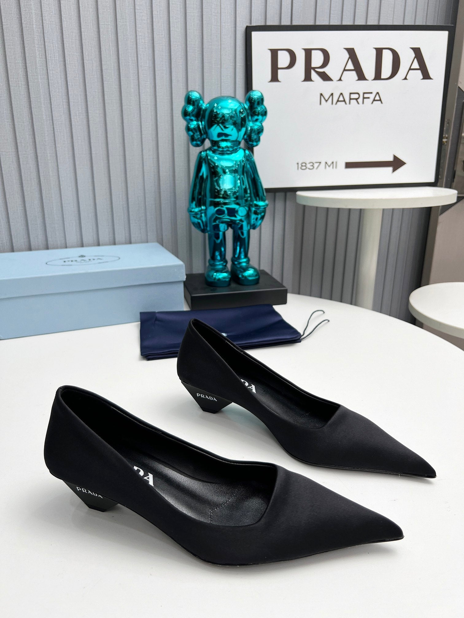 PRADA 26S POINTED TOE PUMPS 40MM IN BLACK SATIN