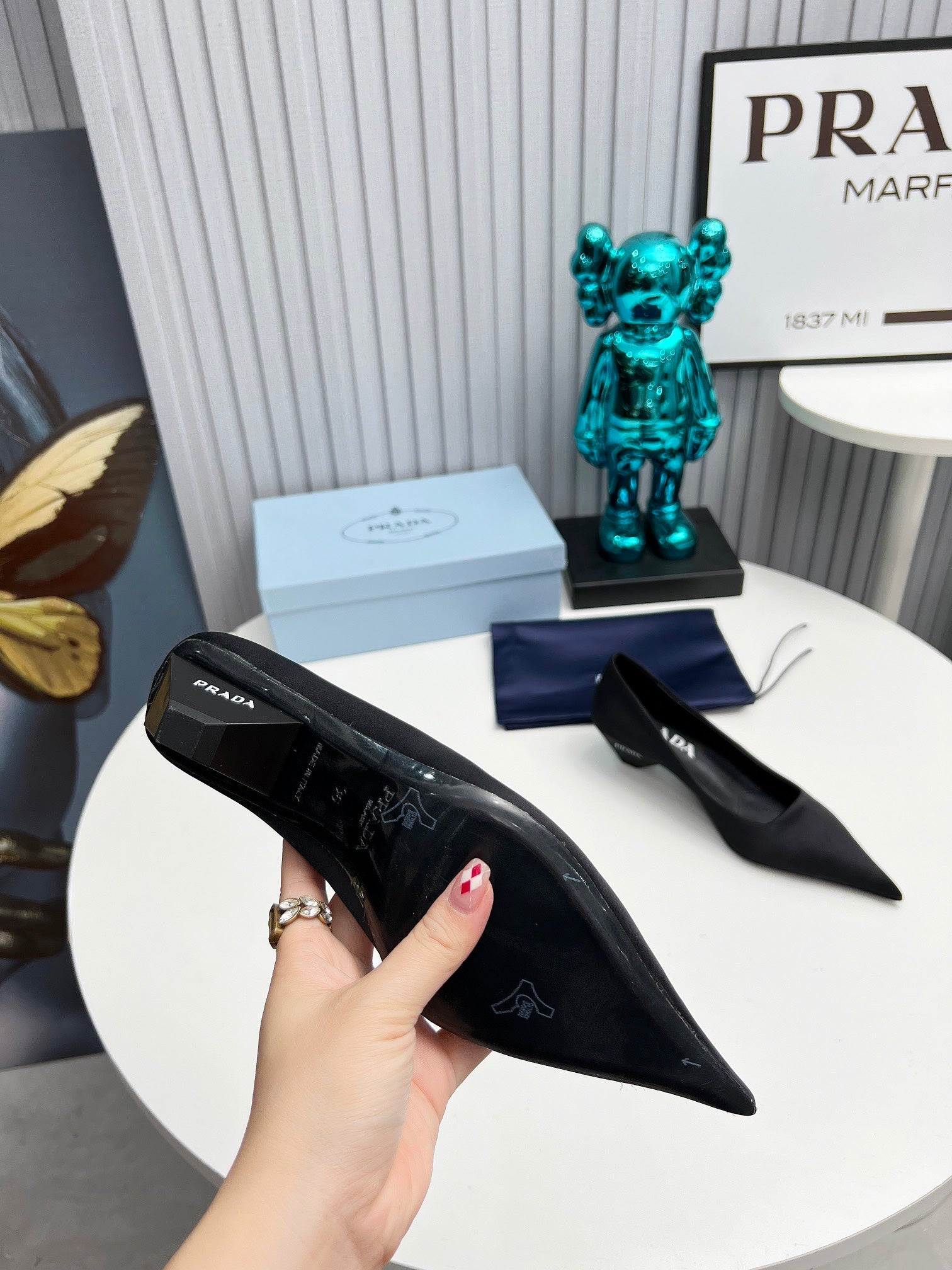PRADA 26S POINTED TOE PUMPS 40MM IN BLACK SATIN