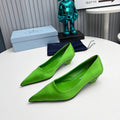 PRADA 26S POINTED TOE PUMPS 40MM IN APPLE GREEN SATIN