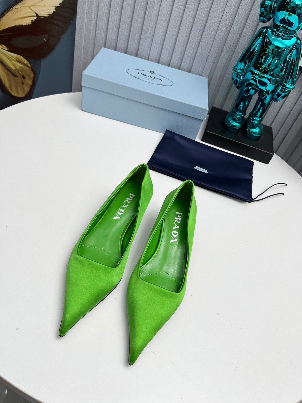PRADA 26S POINTED TOE PUMPS 40MM IN APPLE GREEN SATIN