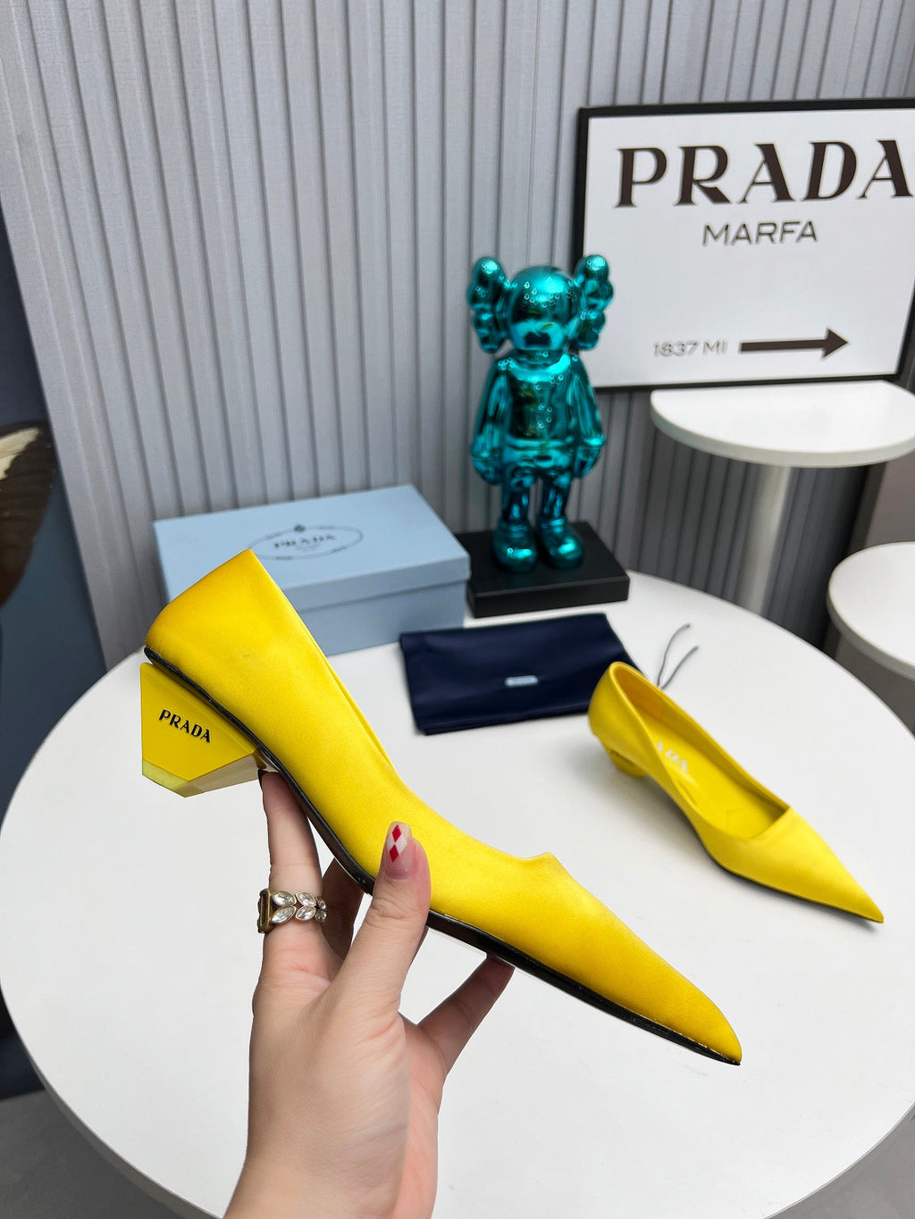 PRADA 26S POINTED TOE PUMPS 40MM IN YELLOW SATIN