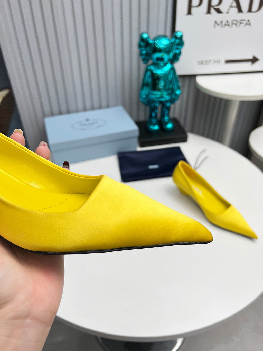 PRADA 26S POINTED TOE PUMPS 40MM IN YELLOW SATIN
