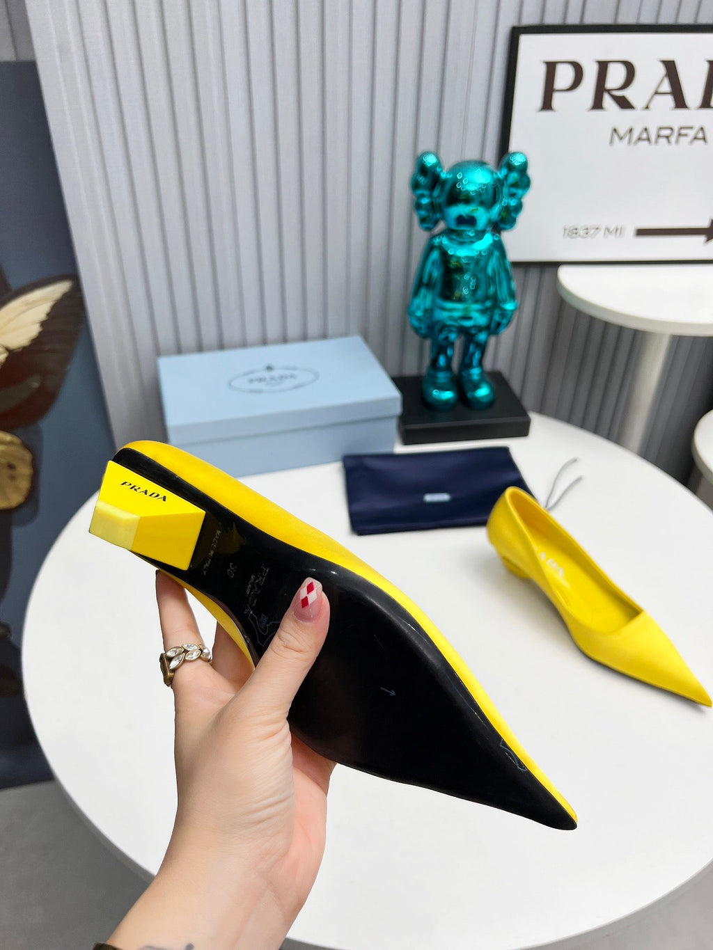 PRADA 26S POINTED TOE PUMPS 40MM IN YELLOW SATIN