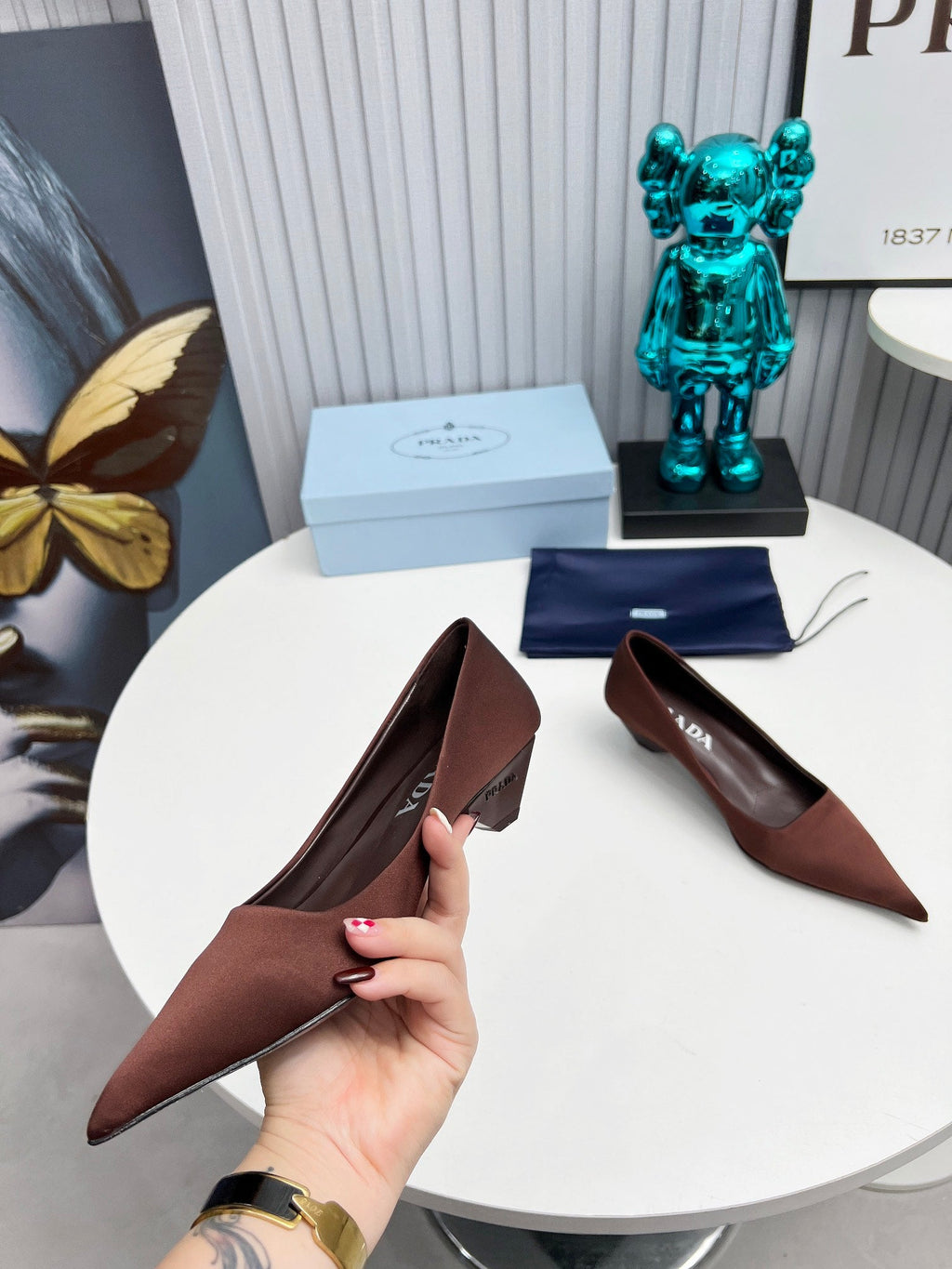 PRADA 26S POINTED TOE PUMPS 40MM IN DARK BROWN SATIN