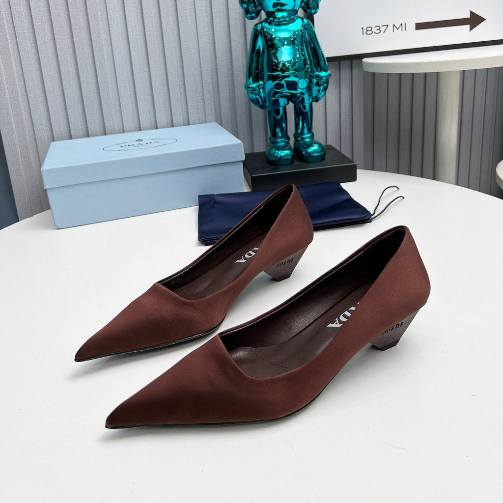 PRADA 26S POINTED TOE PUMPS 40MM IN DARK BROWN SATIN