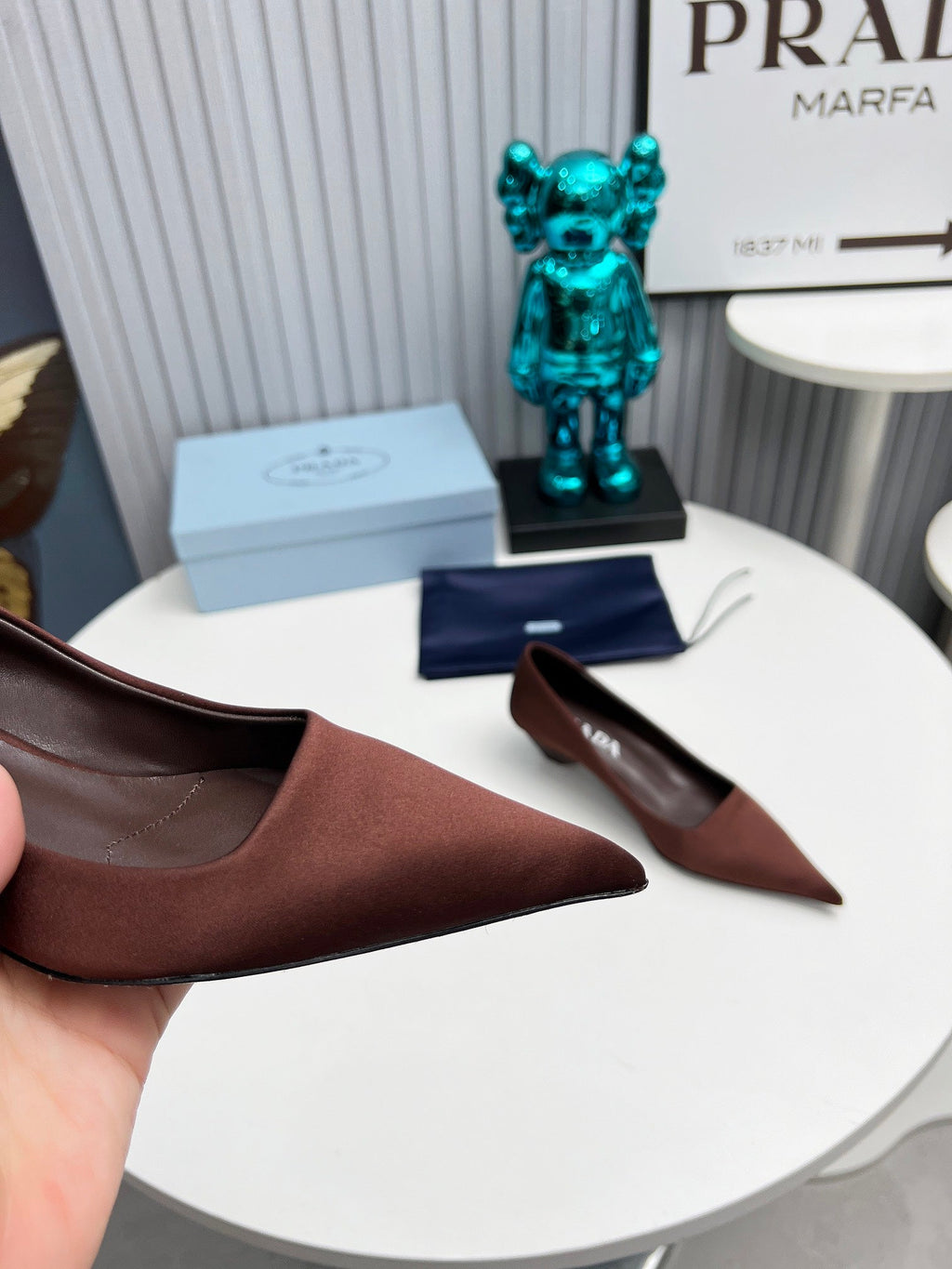 PRADA 26S POINTED TOE PUMPS 40MM IN DARK BROWN SATIN
