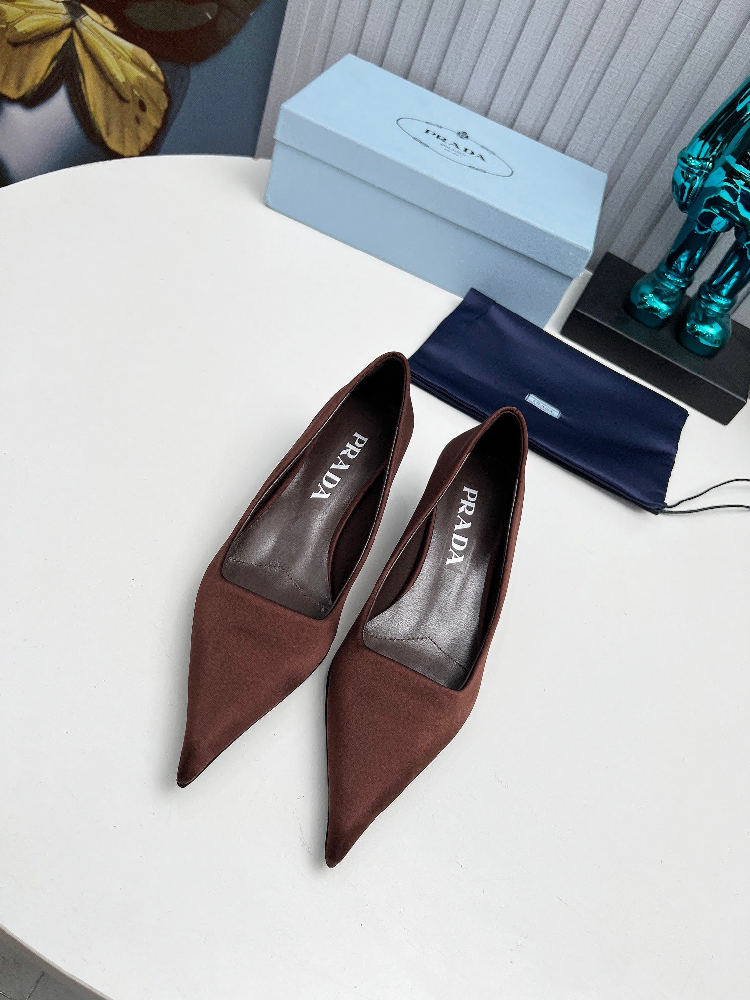 PRADA 26S POINTED TOE PUMPS 40MM IN DARK BROWN SATIN