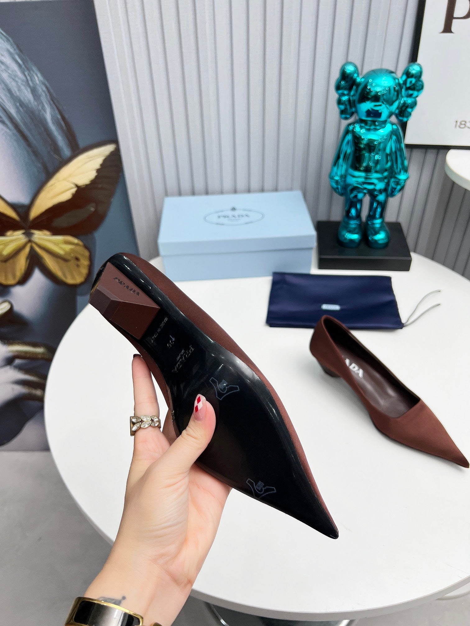PRADA 26S POINTED TOE PUMPS 40MM IN DARK BROWN SATIN