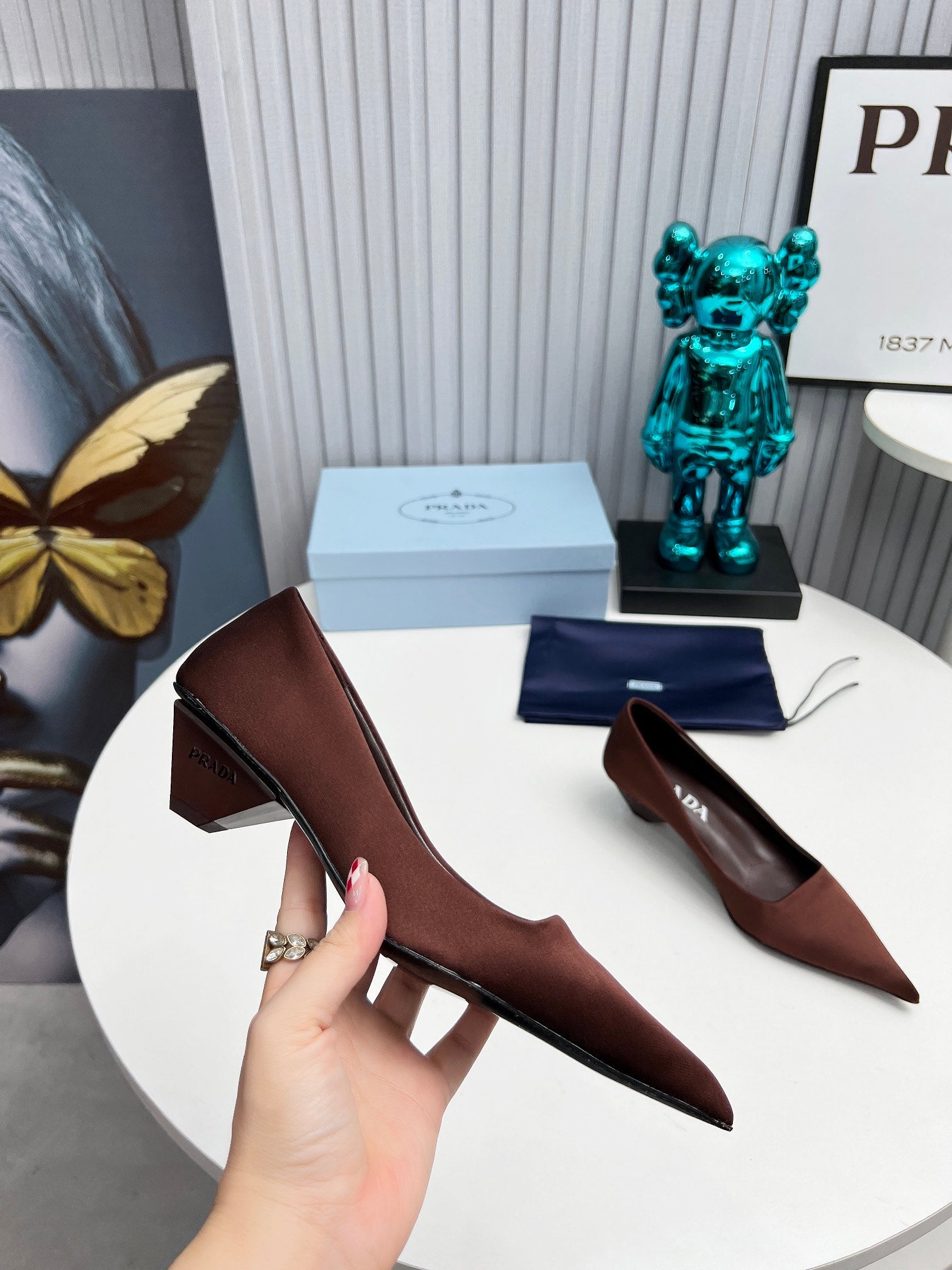 PRADA 26S POINTED TOE PUMPS 40MM IN DARK BROWN SATIN