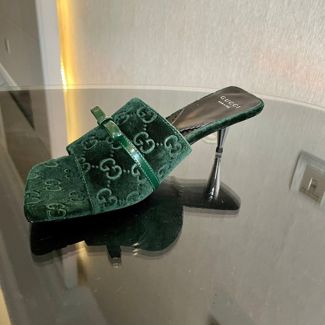 GG VELVET HIGH HEEL SANDALS WITH BEAUTIFUL LOGO DETAILS GREEN FOREST