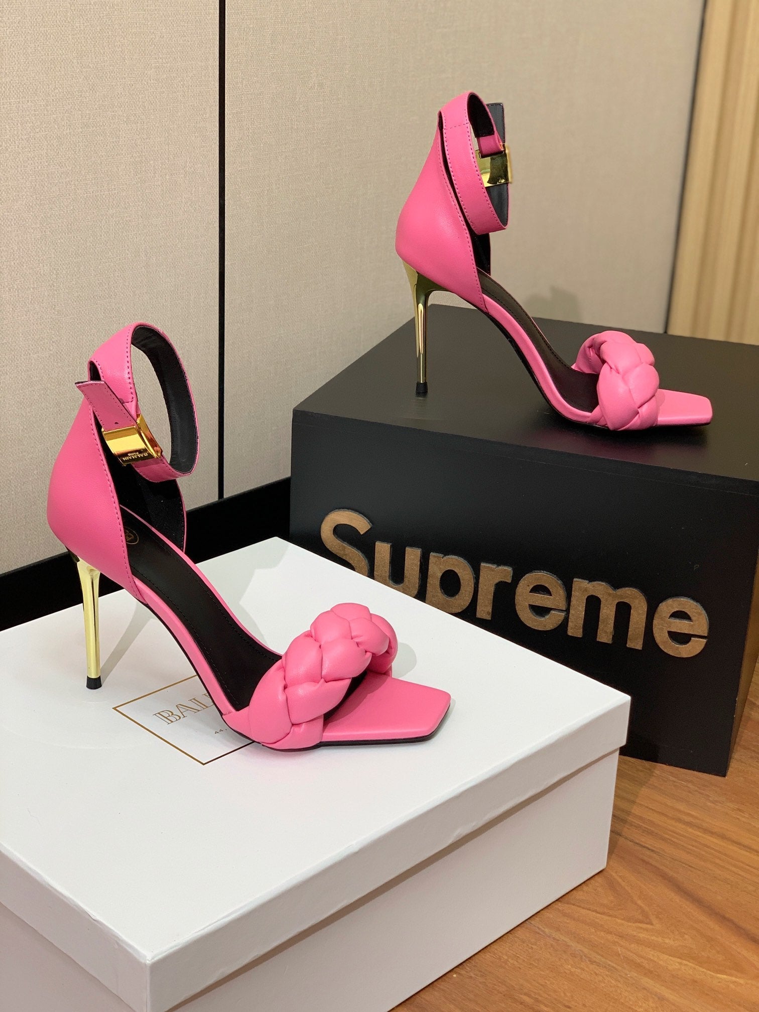 BALMAIN 26S BRAIDED-STRAP HIGH-HEEL SANDALS 95 MM IN PINK CALFSKIN
