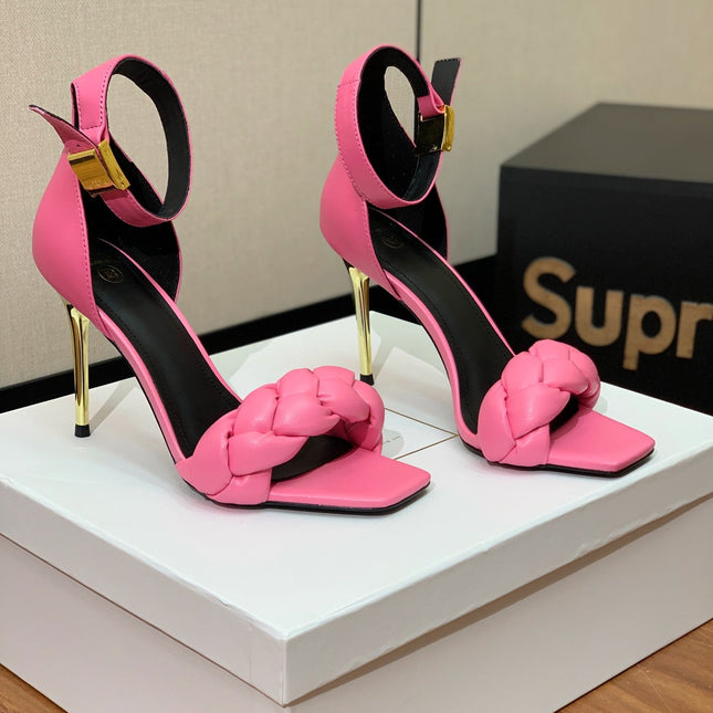 BALMAIN 25S ANKLE STRAP HIGH HEEL 95MM IN PINK CALFSKIN