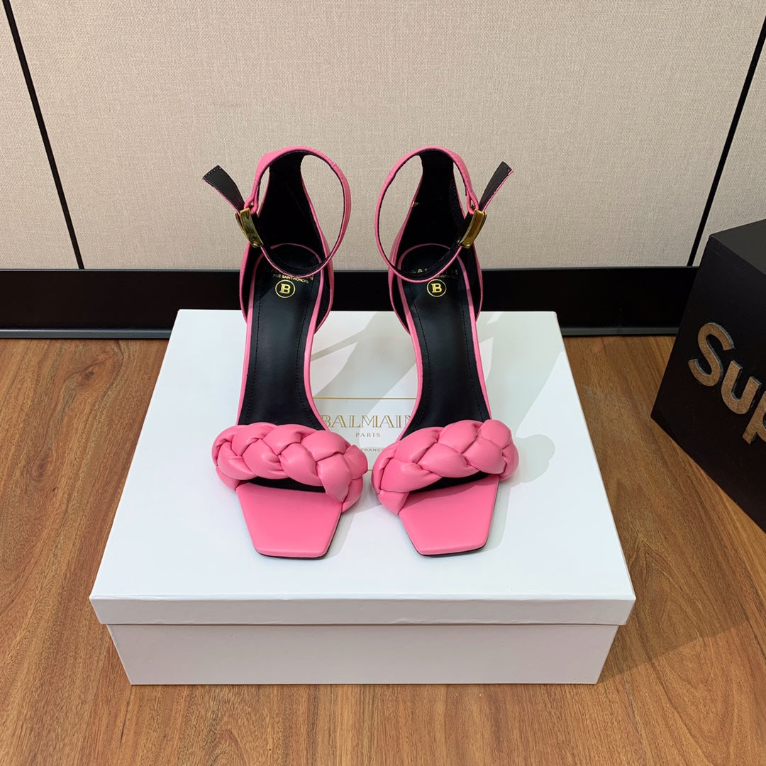 BALMAIN 26S BRAIDED-STRAP HIGH-HEEL SANDALS 95 MM IN PINK CALFSKIN