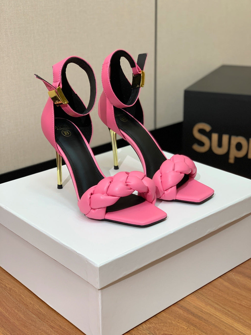 BALMAIN 26S BRAIDED-STRAP HIGH-HEEL SANDALS 95 MM IN PINK CALFSKIN