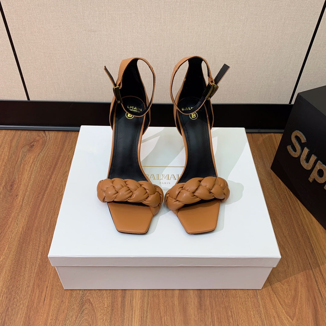 BALMAIN 26S BRAIDED-STRAP HIGH-HEEL SANDALS 95 MM IN BROWN CALFSKIN