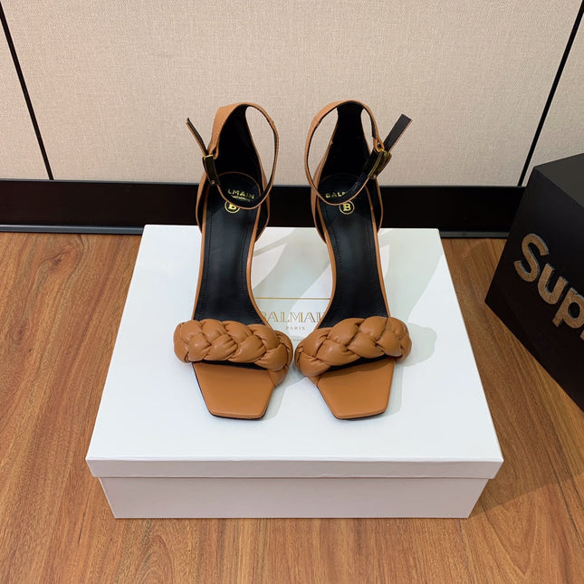 BALMAIN 26S BRAIDED-STRAP HIGH-HEEL SANDALS 95 MM IN BROWN CALFSKIN