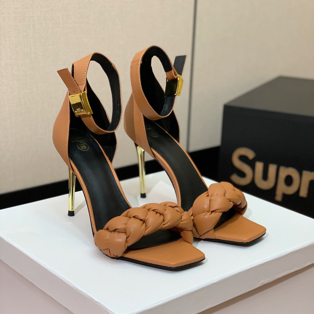 BALMAIN 26S BRAIDED-STRAP HIGH-HEEL SANDALS 95 MM IN BROWN CALFSKIN