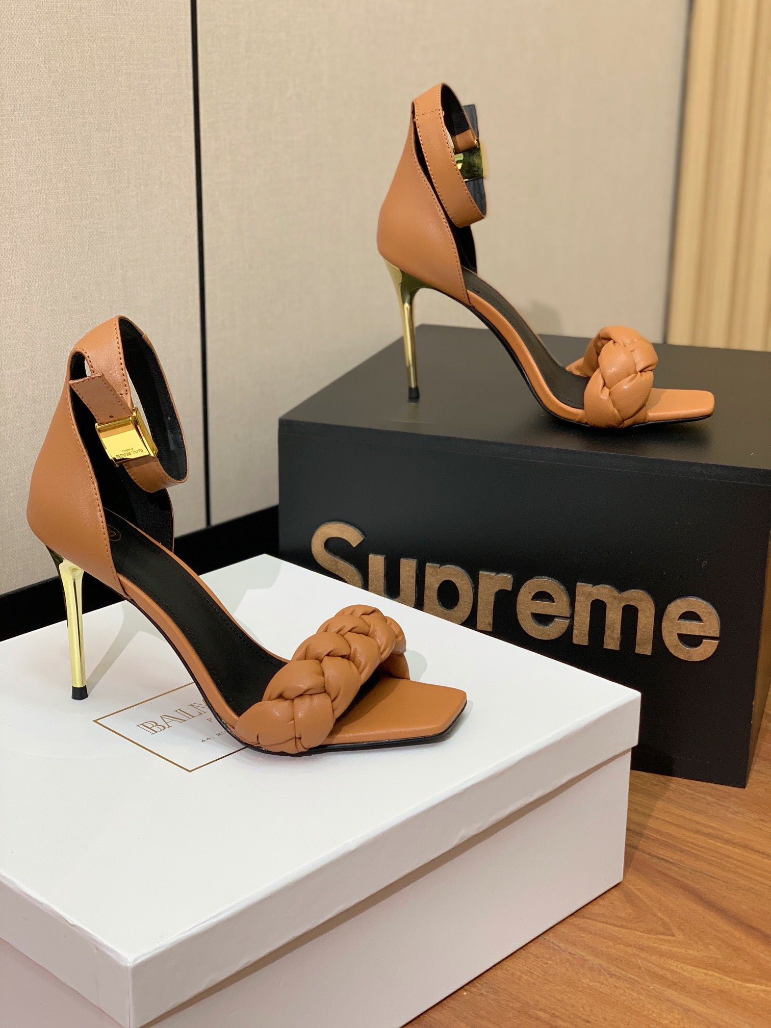 BALMAIN 26S BRAIDED-STRAP HIGH-HEEL SANDALS 95 MM IN BROWN CALFSKIN