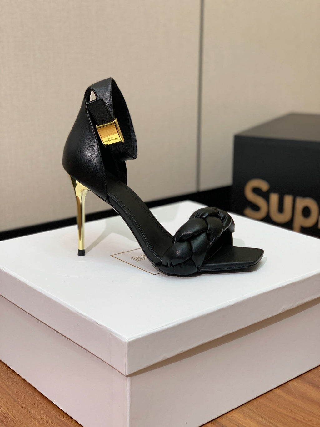 BALMAIN 26S BRAIDED-STRAP HIGH-HEEL SANDALS 95 MM IN BLACK CALFSKIN