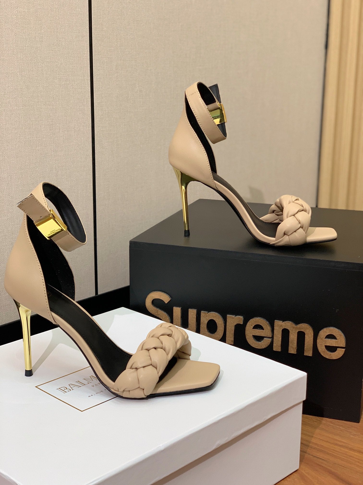 BALMAIN 26S BRAIDED-STRAP HIGH-HEEL SANDALS 95 MM IN BEIGE CALFSKIN