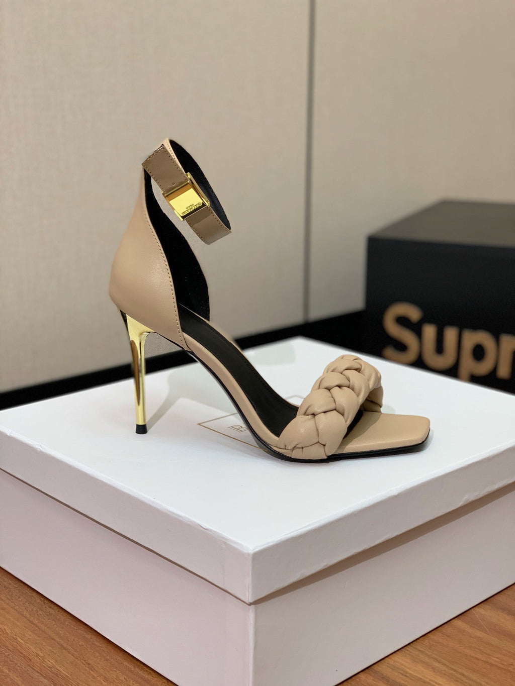 BALMAIN 26S BRAIDED-STRAP HIGH-HEEL SANDALS 95 MM IN BEIGE CALFSKIN