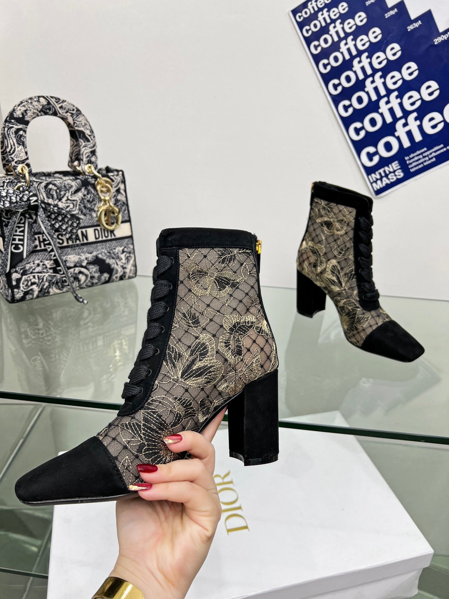 DIOR 25S NAUGHTILY-D ANKLE BOOTS 80 MM IN BLACK MESH TULLE AND SUEDE