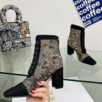 DIOR 25S NAUGHTILY-D ANKLE BOOTS 80 MM IN BLACK MESH TULLE AND SUEDE