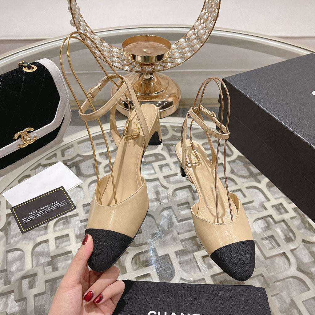 high slingbacks beige black lambskin grosgrain