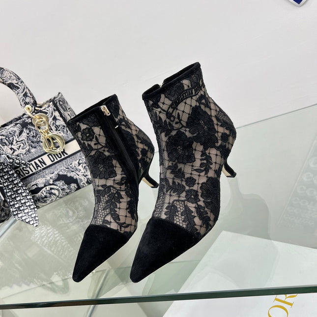 DIOR 25S POINTED-TOE ANKLE BOOTS 50 MM IN BLACK MESH TULLE AND SUEDE